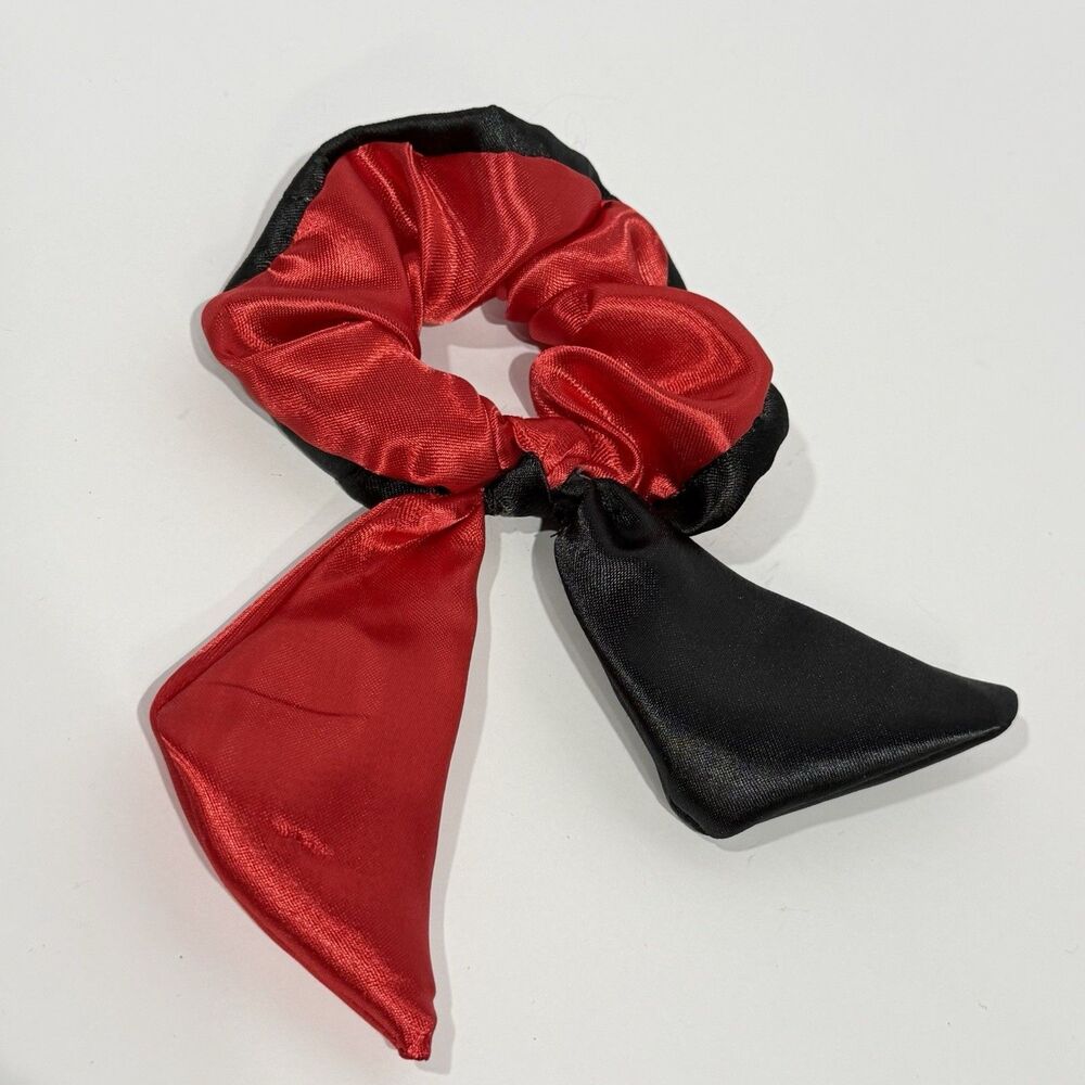 Handmade Red Black Satin Scrunchie Scarf Bow Hair Tie Ponytail Holder - Picture 9 of 11